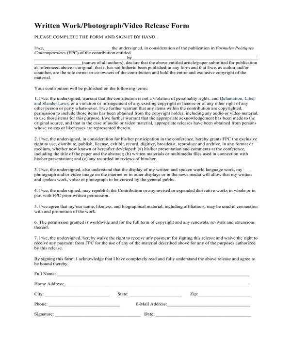 written work photograph and video release form