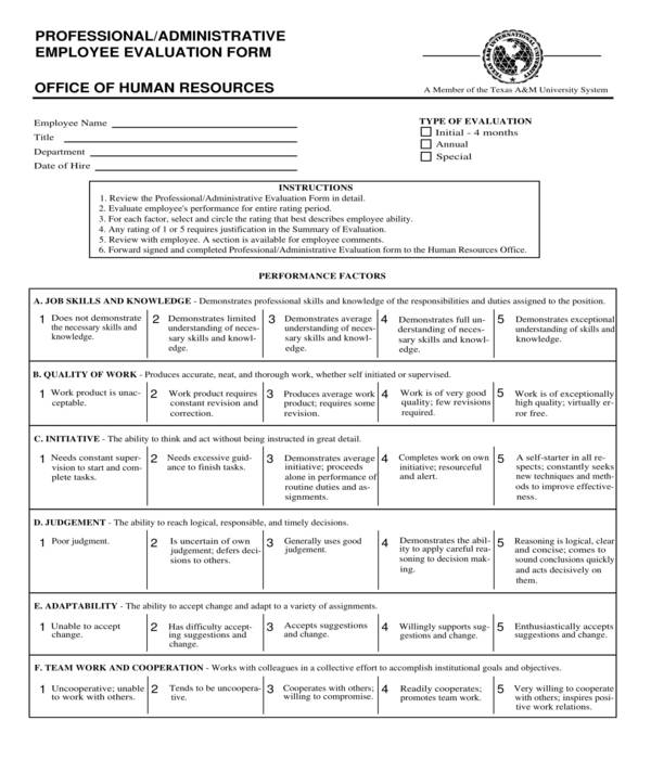 administrative employee evaluation form