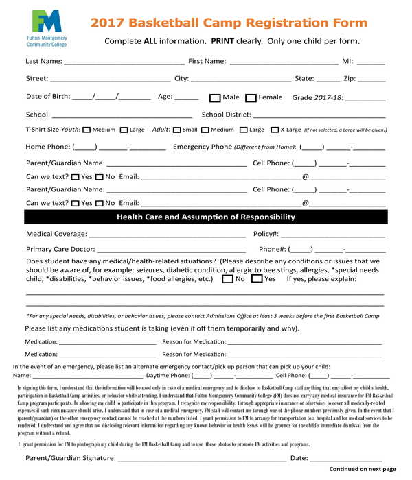 basketball camp registration form