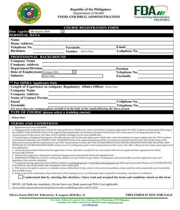 course registration form sample