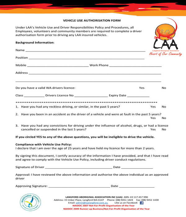 creative vehicle use authorization form