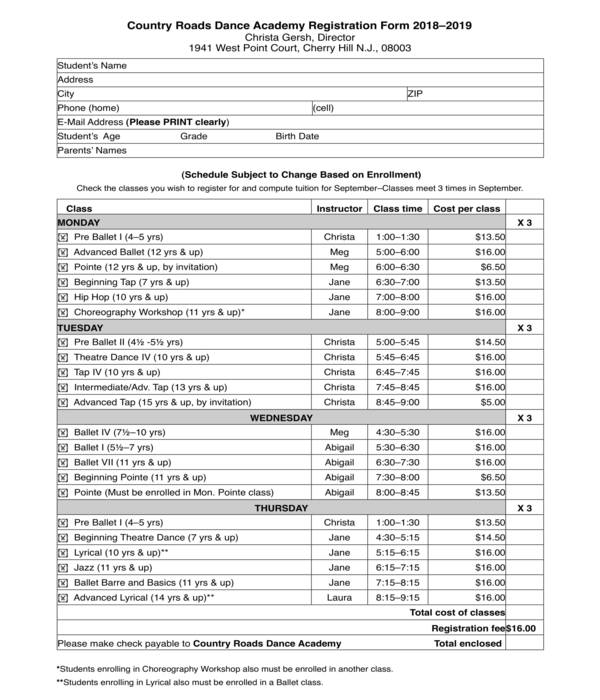 dance academy registration form