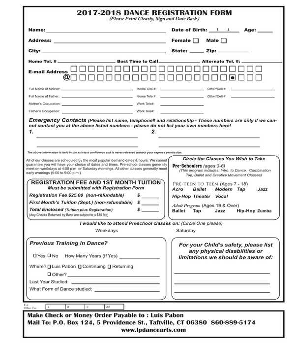 dance registration form sample
