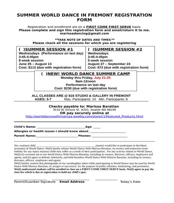 dance registration form in doc