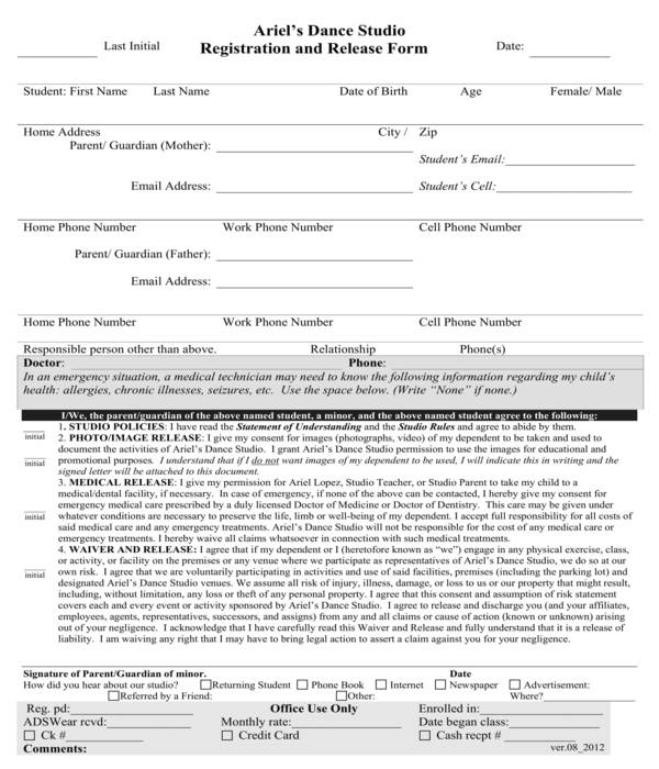 dance registration and release form