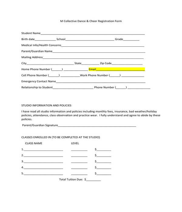 dance and cheer registration form