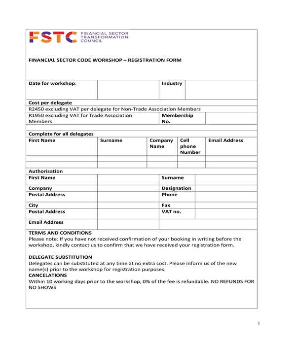financial sector code workshop registration form