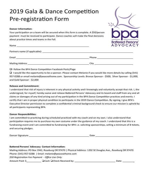 gala and dance competition pre registration form