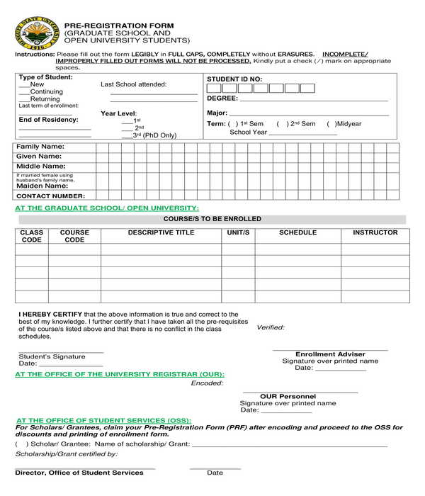 graduate school pre registration form