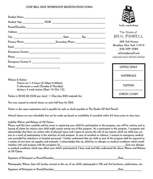 kids workshop registration form