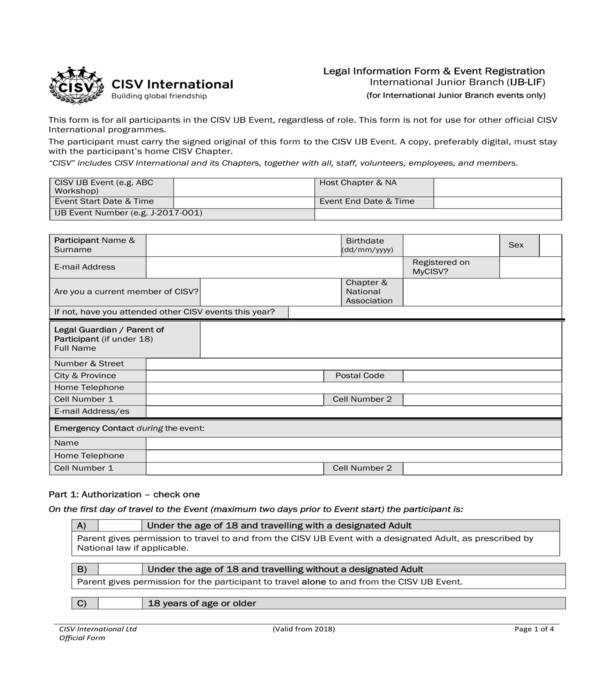legal information and event registration form