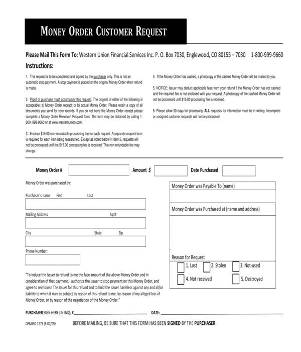 money order customer request form