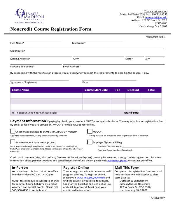 Course Registration Form Template Free Printable Templates