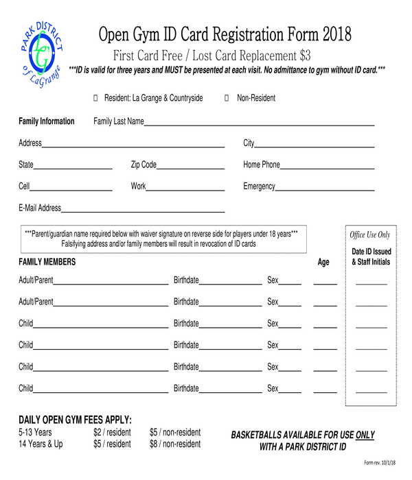 open gym id card registration form