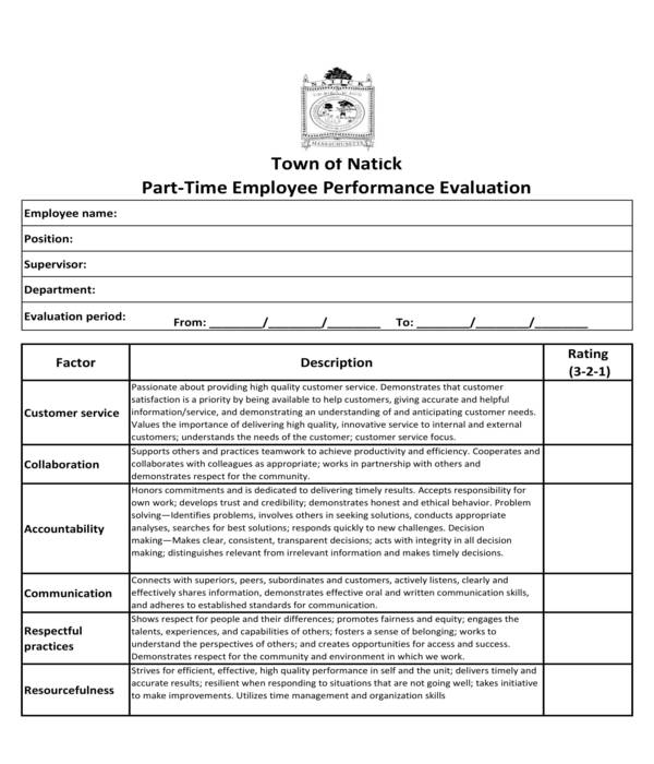 part time employee evaluation form