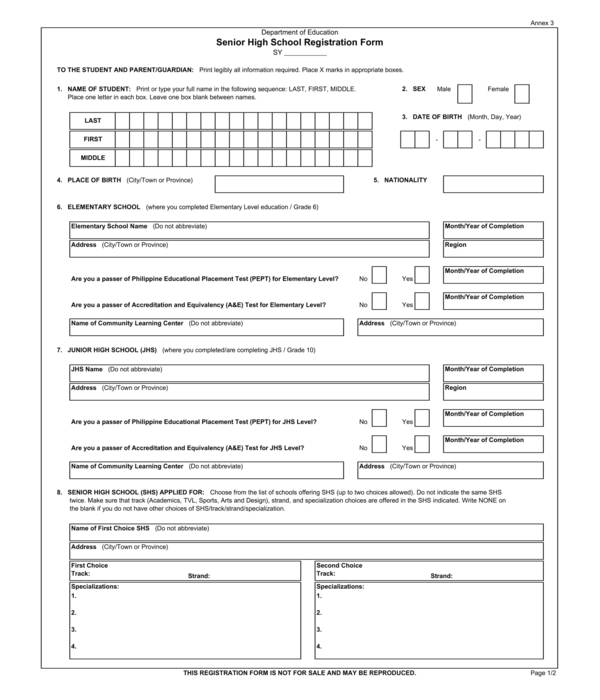 senior high school registration form