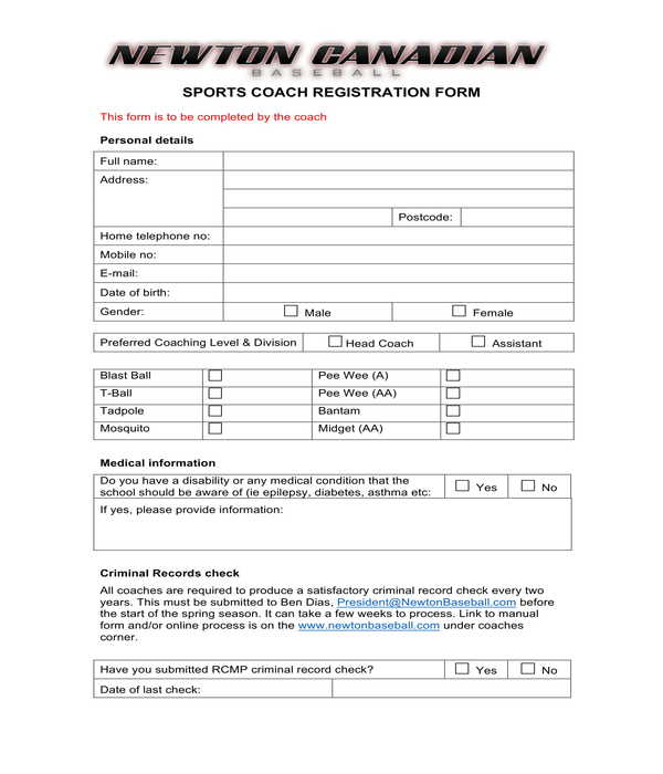 sports coach registration form