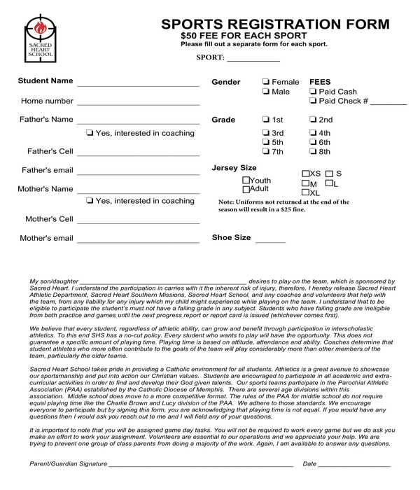 Free Printable Sports Registration Forms Printable Forms Free Online