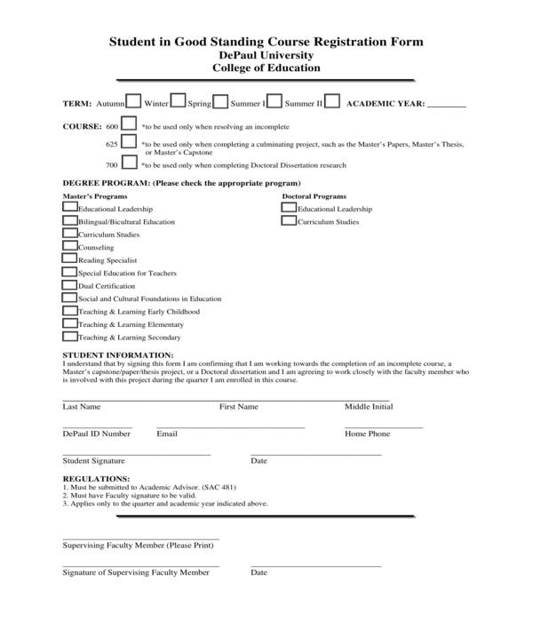 student in good standing course registration form