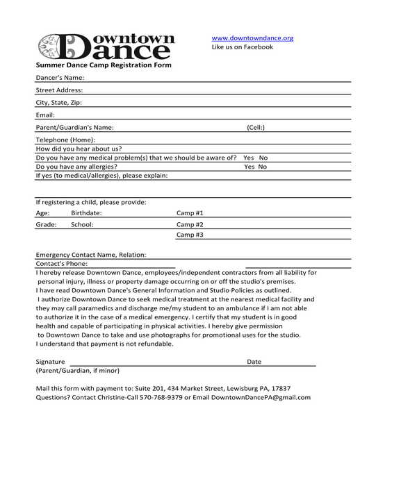 summer dance camp registration form