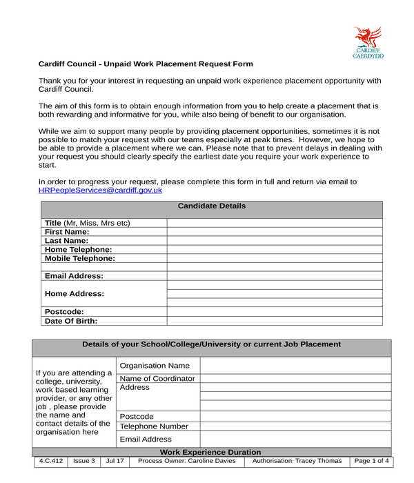unpaid work placement request form