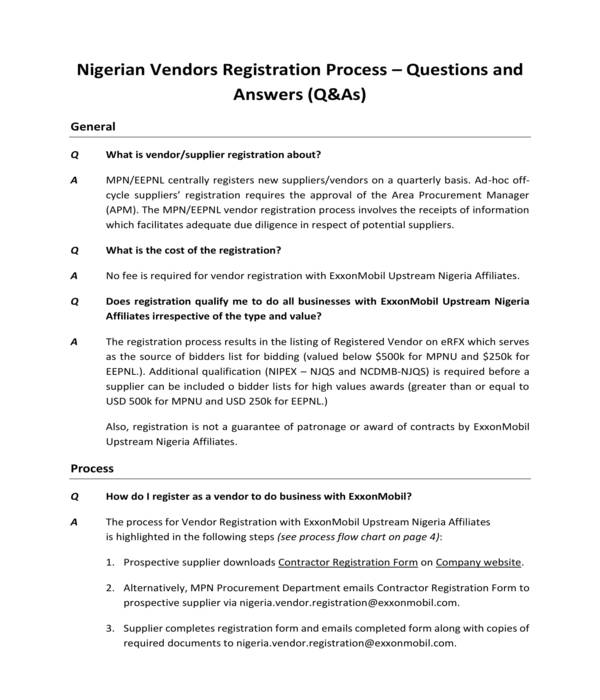 vendors registration process faqs form