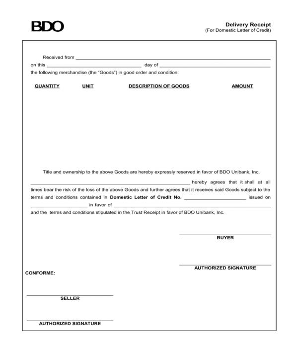 bank goods delivery receipt template form