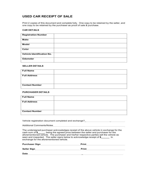 business car sales receipt form template