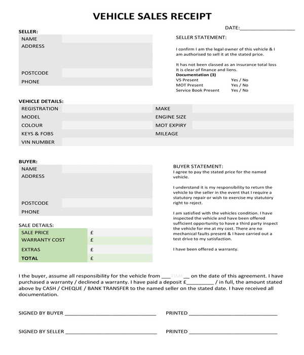 car vehicle sales receipt form template