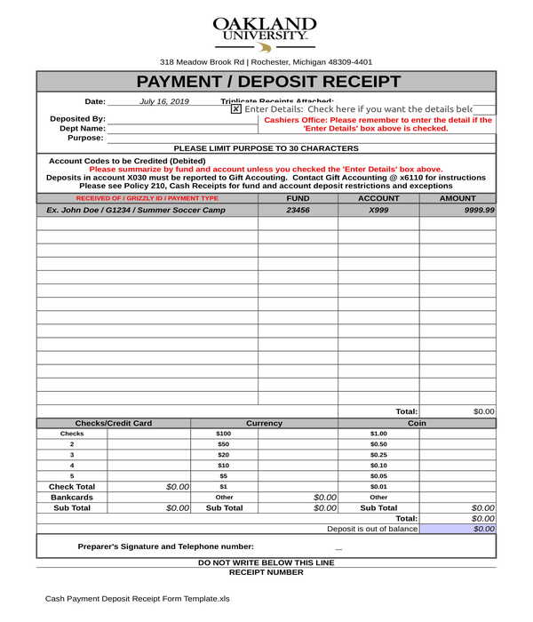cash payment deposit receipt form template