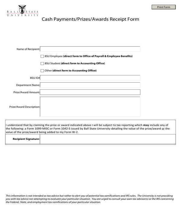 cash payment receipt form template sample