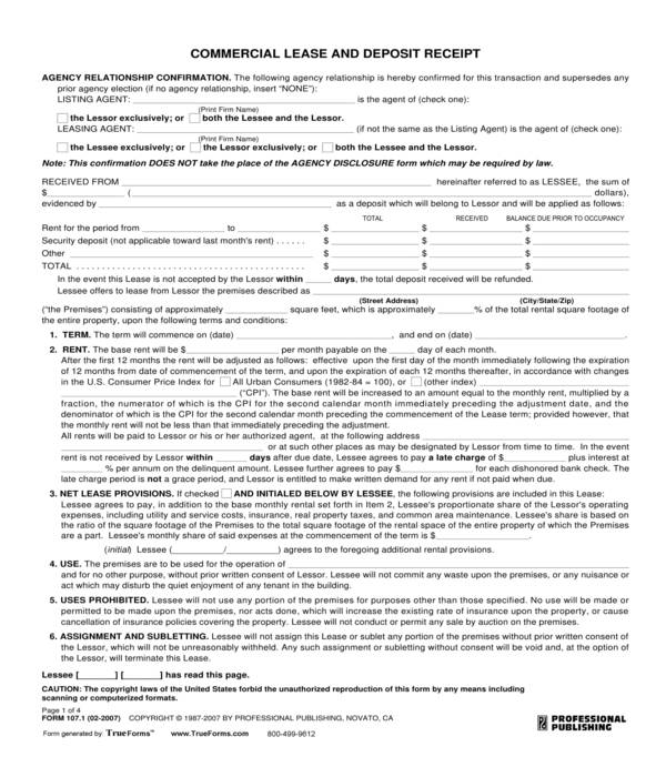 commercial lease and deposit receipt form template