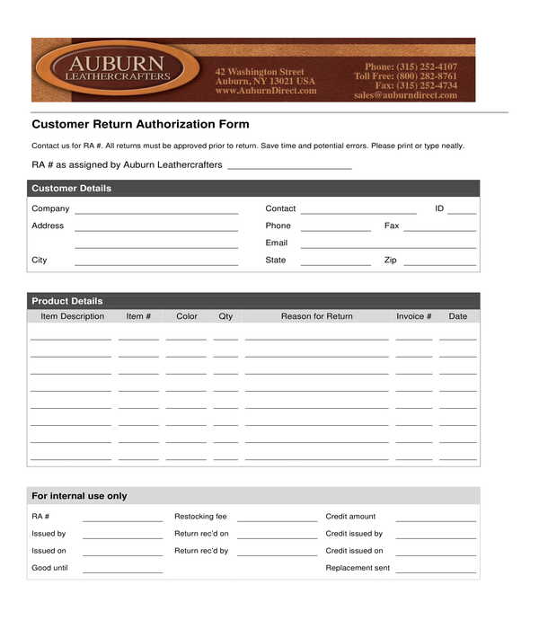 customer return authorization form sample