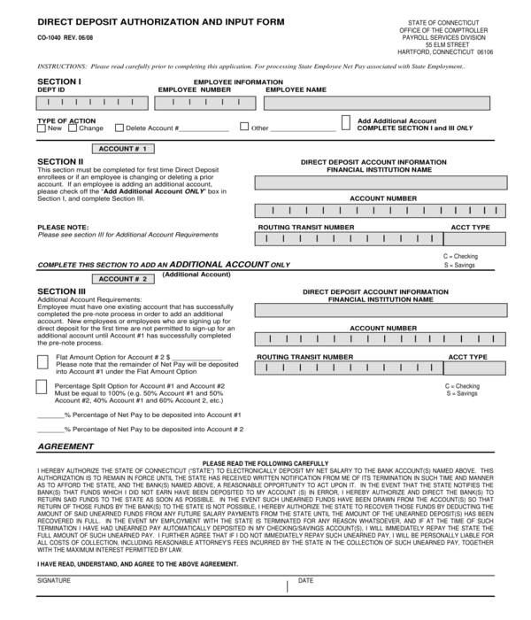 direct deposit authorization and input form