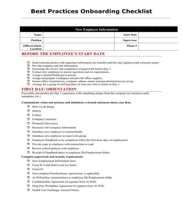 employee best practices onboarding checklist form
