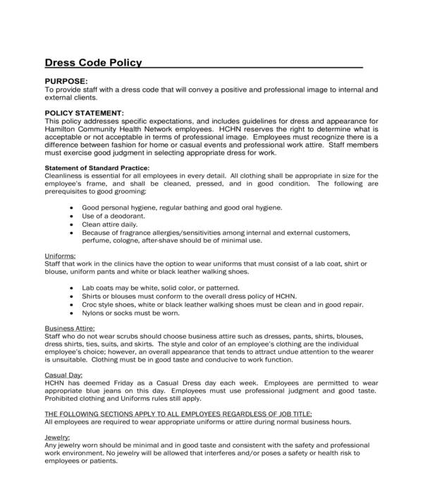 employee dress code policy form sample