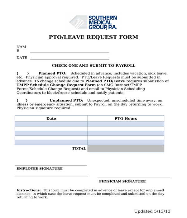 employee paid time off leave request form