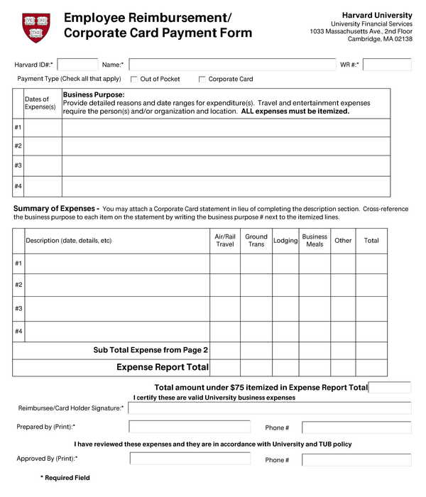 employee reimbursement corporate card payment form