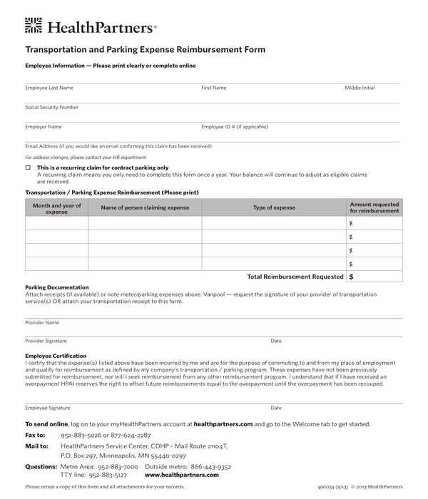 employee transportation and parking expense reimbursement form