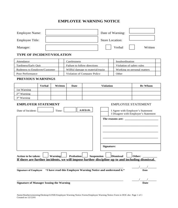 employee warning notice form in doc