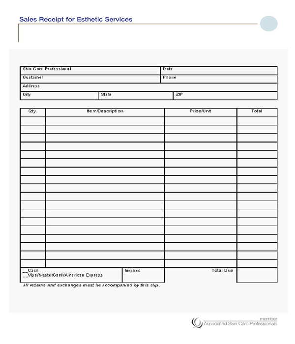 esthetic services sales receipt form template