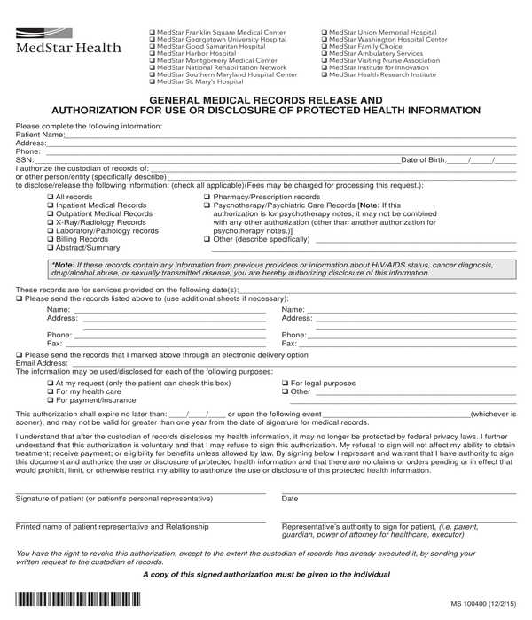 Free 9 Medical Records Authorization Forms In Pdf Ms Word Excel 1874