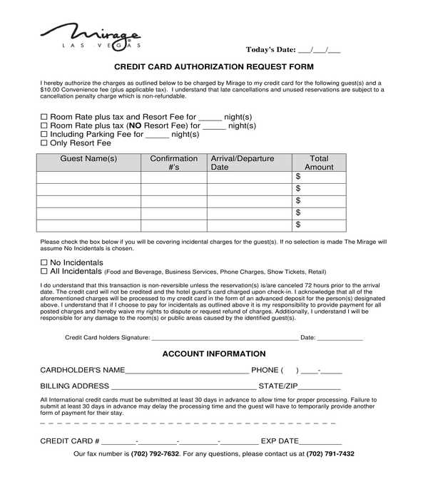 hotel credit card authorization request form
