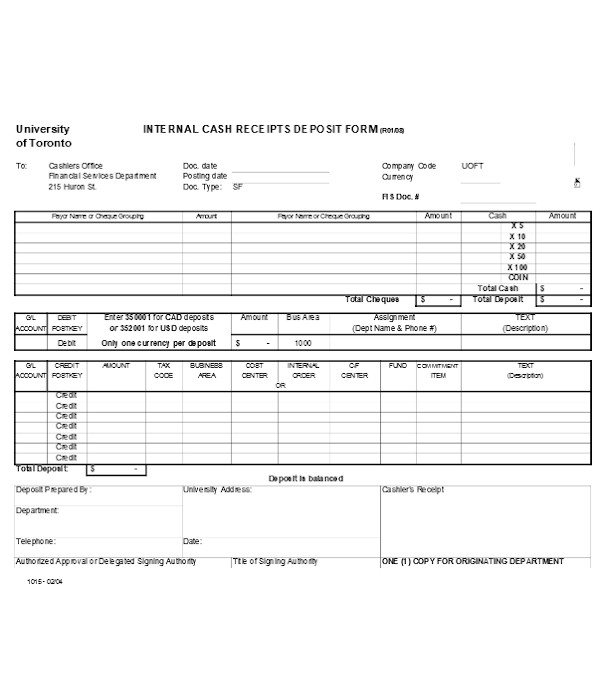 internal cash deposit receipt form