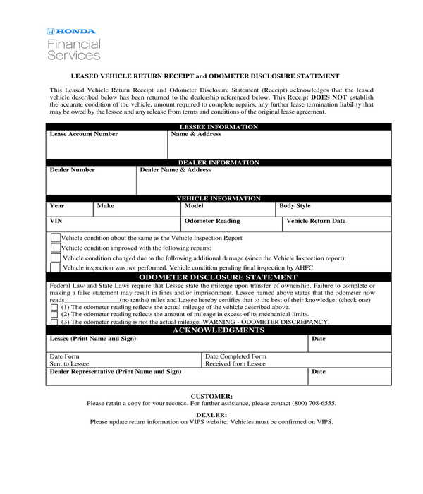 leased car return receipt form template