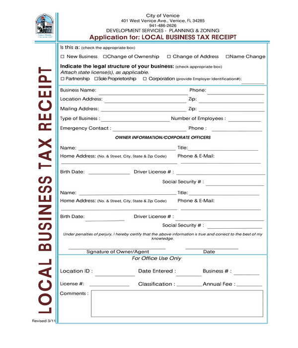 local business tax receipt form template