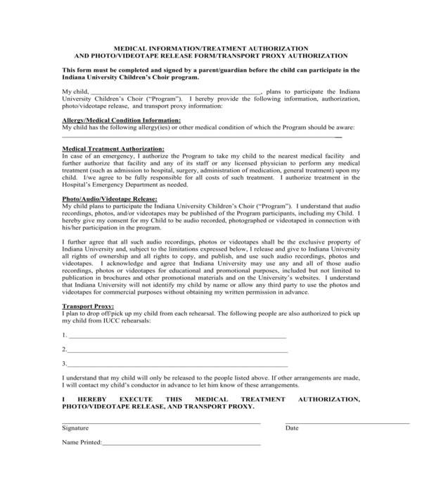 medical information and treatment authorization form