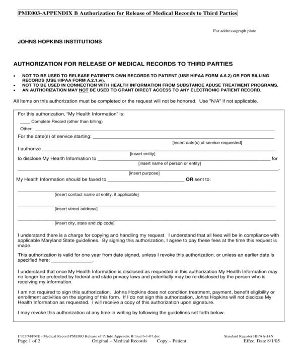medical records third party release authorization form