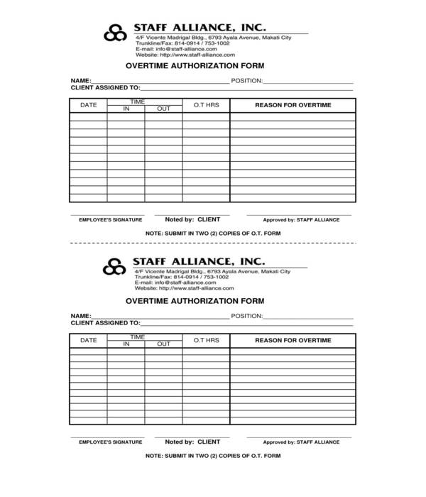overtime authorization form sample