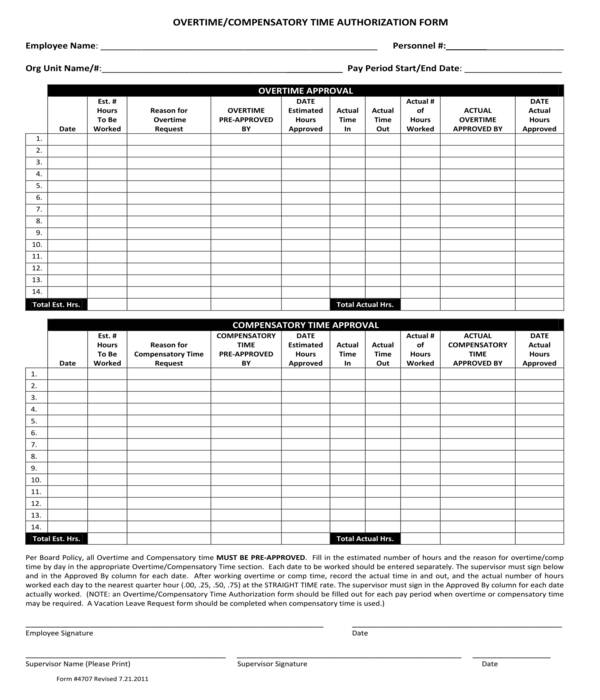 overtime compensatory time authorization form